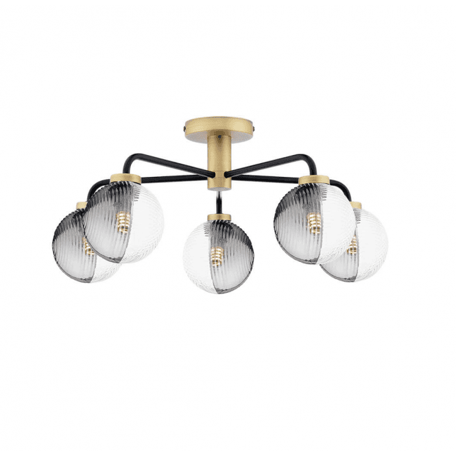 LAINEY 5 Light Semi-Flush | Matt Black, Antique Brass, Smoked & Clear Ribbed Glass