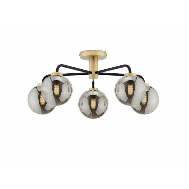 LAINEY 5 Light Semi-Flush | Matt Black, Antique Brass & Smoked Glass