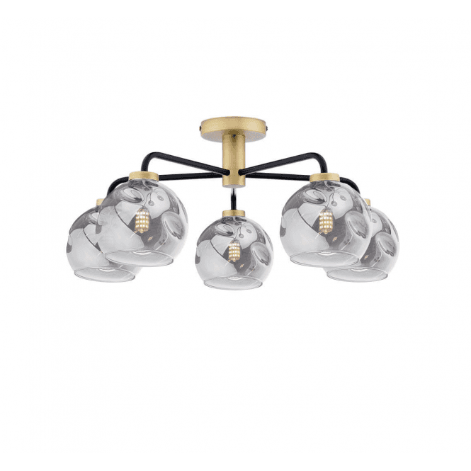 LAINEY 5 Light Semi-Flush | Matt Black, Antique Brass & Smoked Organic Glass