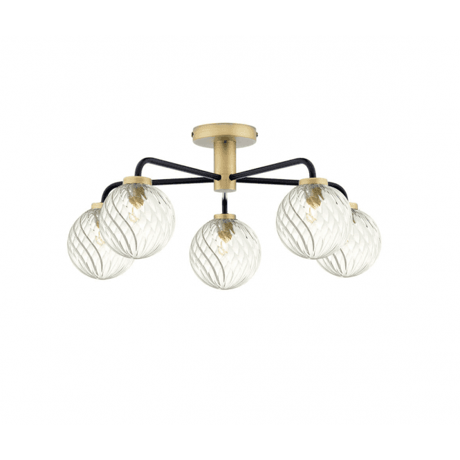 LAINEY 5 Light Semi-Flush | Matt Black, Antique Brass & Twisted Closed Glass