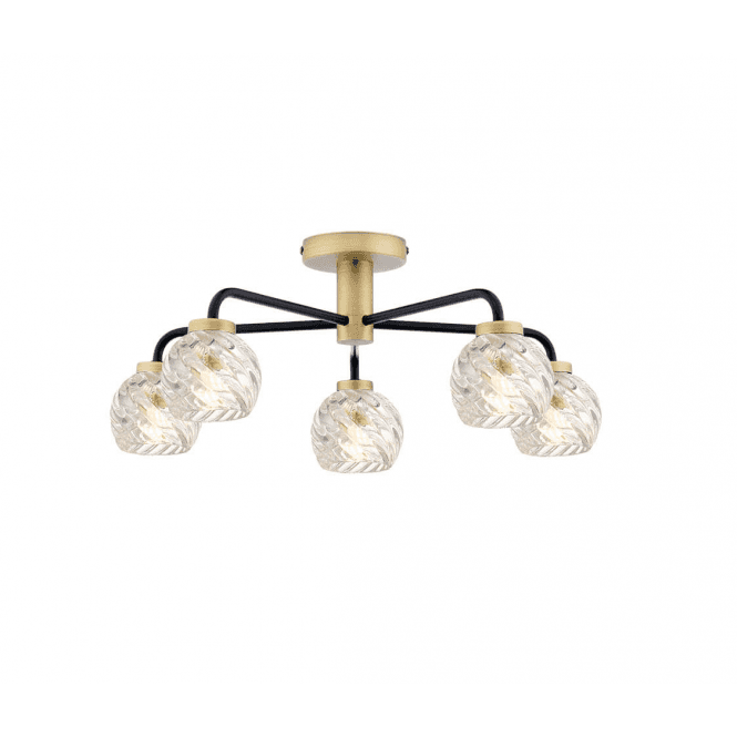 LAINEY 5 Light Semi-Flush | Matt Black, Antique Brass & Twisted Open Glass