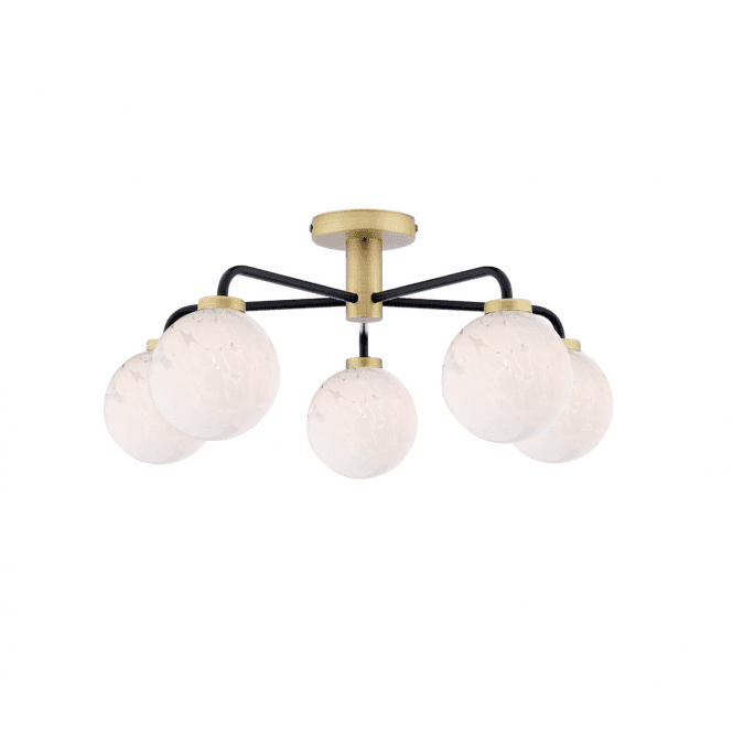 LAINEY 5 Light Semi-Flush | Matt Black, Antique Brass & White Confetti Glass