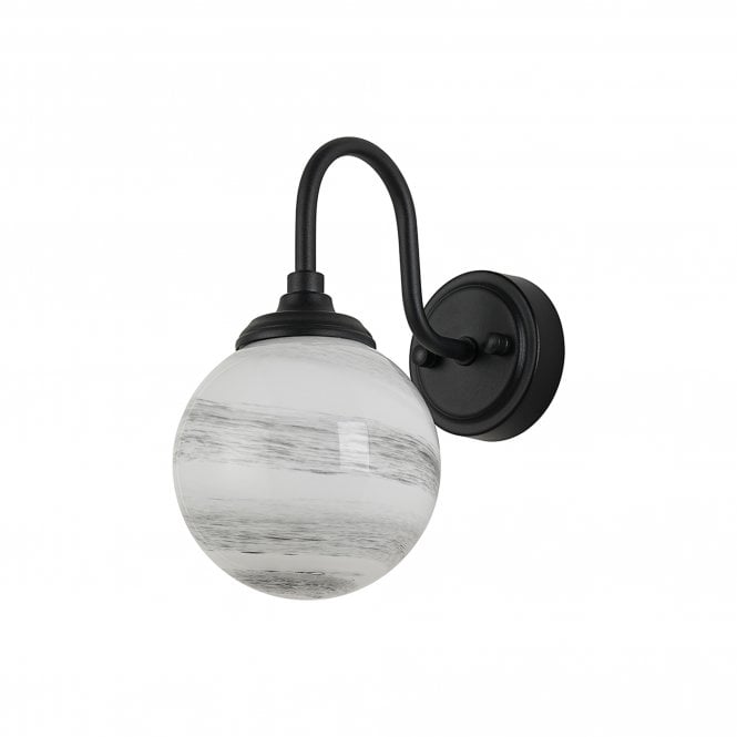 LANGSTON Curved Arm Wall Light in Satin Black with with LINE14 Round Marble Effect Glass Shade