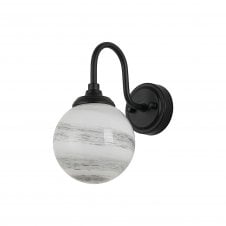 black curved arm wall light with round marbled glass shade
