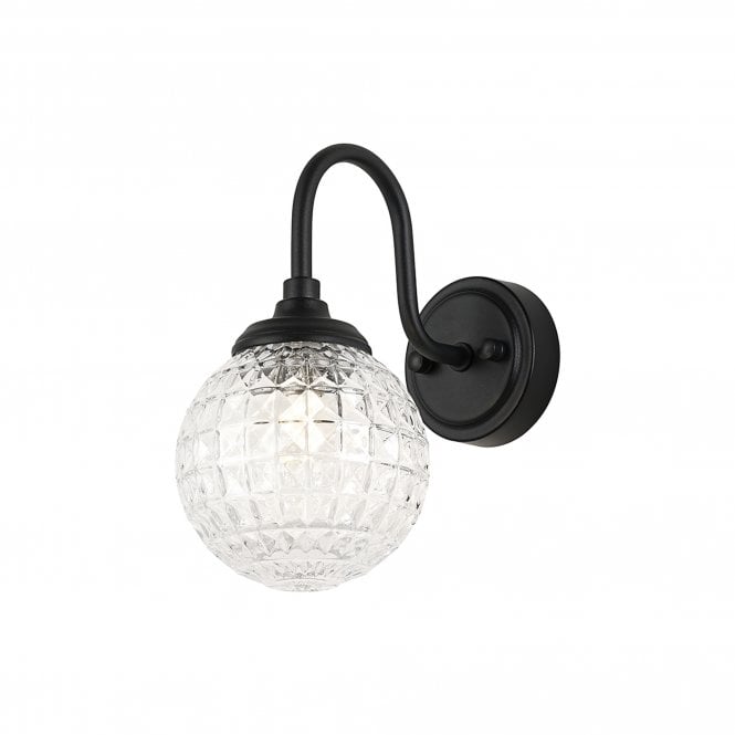LANGSTON Curved Arm Wall Light in Satin Black with with LING9 Cross Pattern Round Clear Glass Shade