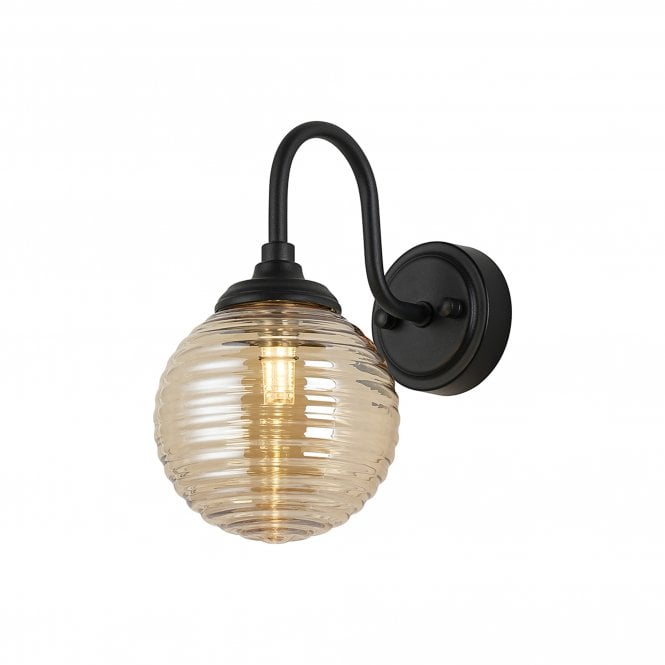 LANGSTON Curved Arm Wall Light in Satin Black with with LING9 Ribbed Round Amber Glass Shade