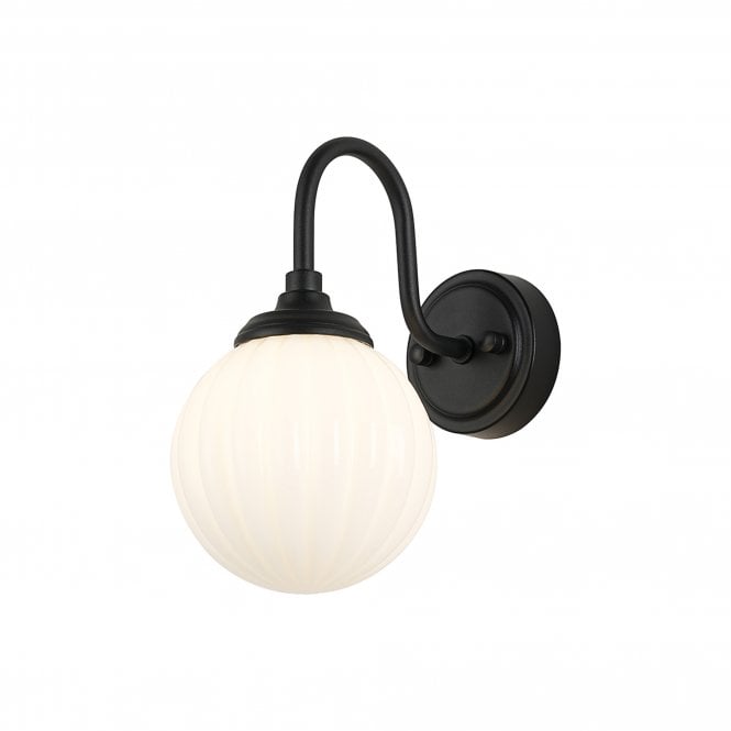LANGSTON Curved Arm Wall Light in Satin Black with with LING9 Round Segment Opal Glass Shade