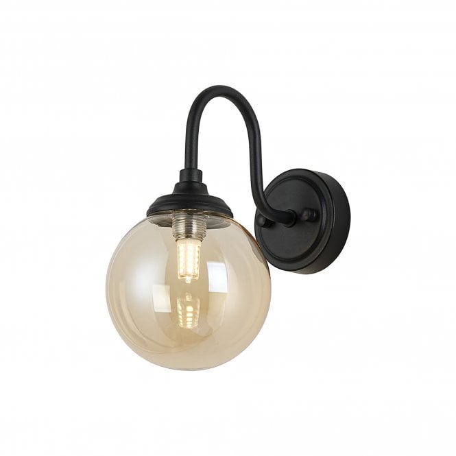 LANGSTON Curved Arm Wall Light in Satin Black with with LING9 Smooth Round Amber Glass Shade,