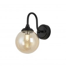 black curved arm wall light with round amber glass shade