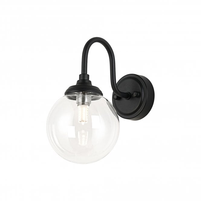 LANGSTON Curved Arm Wall Light in Satin Black with with LING9 Smooth Round Clear Glass Shade