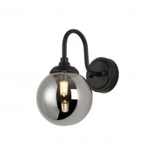 black curved arm wall light with round smoked glass shade