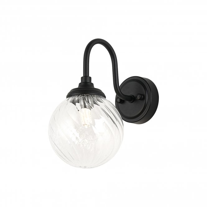 LANGSTON Curved Arm Wall Light in Satin Black with with LING9 Swirl Round Clear Glass Shade