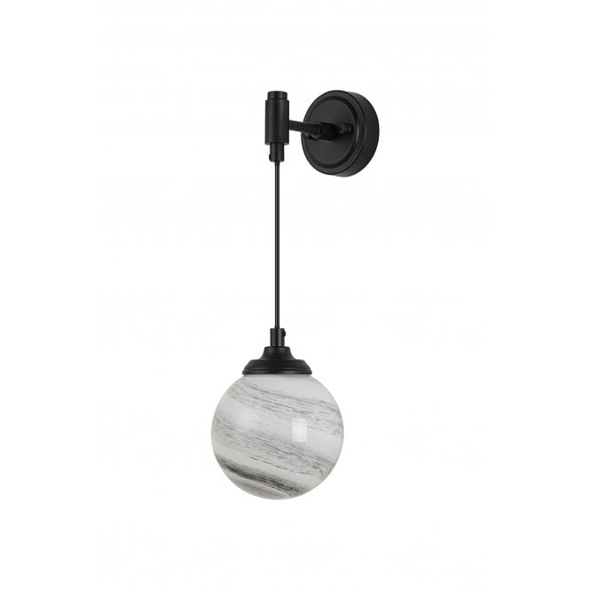 LANGSTON IP44 Adjustable Wall Light in Satin Black with with LINE14 Round Marble Effect Glass Shade