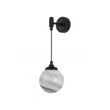 black adjustable hanging wall light with clear round marble effect shade