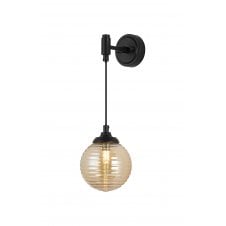 black adjustable hanging wall light with round ribbed amber glass shade
