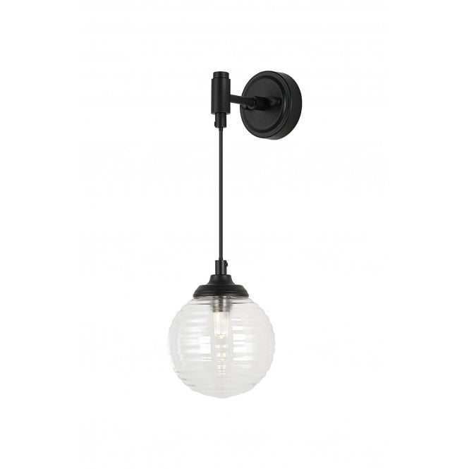 LANGSTON IP44 Adjustable Wall Light in Satin Black with with LING9 Ribbed Round Clear Glass Shade