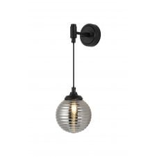 black adjustable hanging wall light with ribbed smoked glass shade