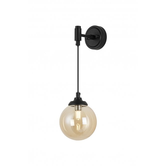 LANGSTON IP44 Adjustable Wall Light in Satin Black with with LING9 Smooth Round Amber Glass Shade,