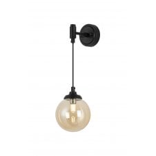black adjustable hanging wall light with amber round glass shade