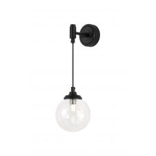 black adjustable hanging wall light with clear round glass shade