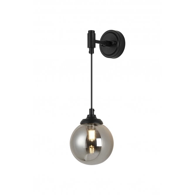 LANGSTON IP44 Adjustable Wall Light in Satin Black with with LING9 Smooth Round Smoked Glass Shade
