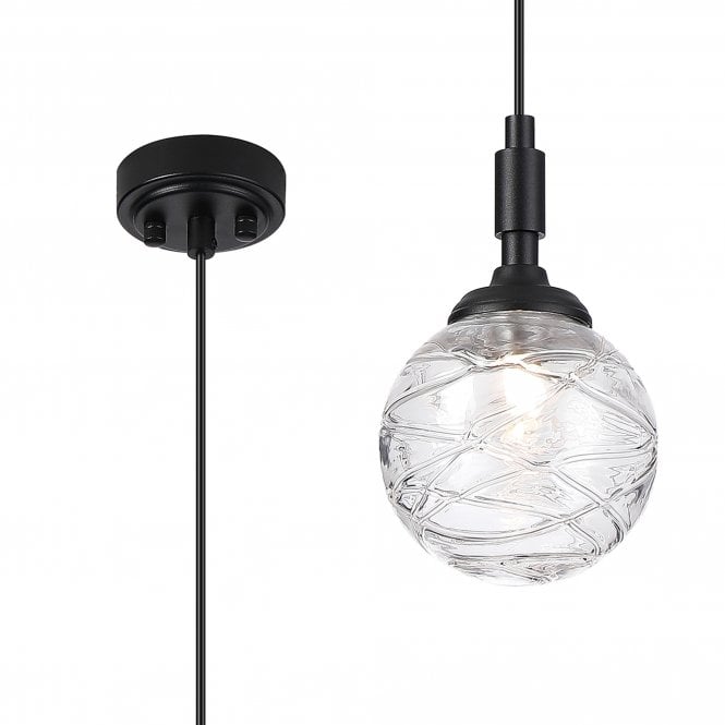 Langston IP44 Bathroom Pendant in Satin Black with Dune Effect Clear Glass Shade