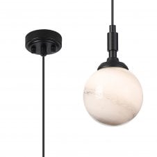 black single pendant with clear round marbled glass effect shade
