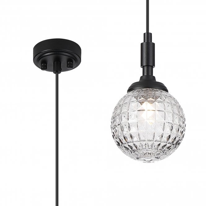 LANGSTON IP44 Single Pendant in Satin Black with with LING9 Cross Pattern Round Clear Glass Shade