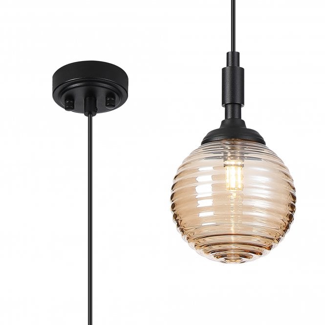 LANGSTON IP44 Single Pendant in Satin Black with with LING9 Ribbed Round Amber Glass Shade