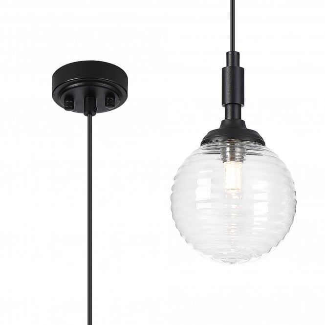 LANGSTON IP44 Single Pendant in Satin Black with with LING9 Ribbed Round Clear Glass Shade