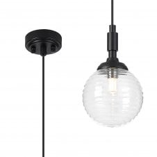 black single pendant with clear round ribbed glass shade