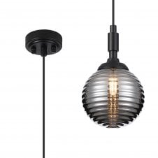 black single pendant with ribbed smoked glass shade