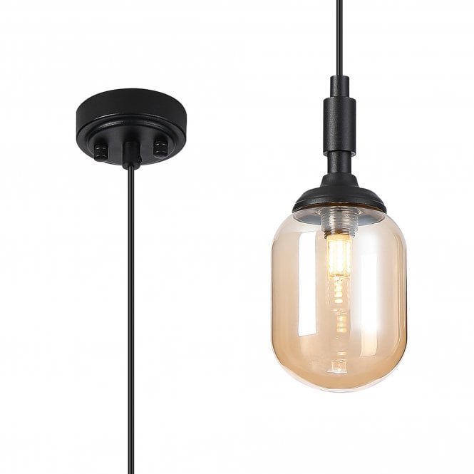 LANGSTON IP44 Single Pendant in Satin Black with with LING9 Smooth Amber Plated Tubular Glass Shade
