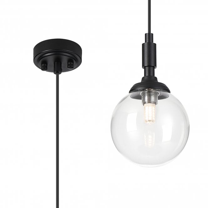 LANGSTON IP44 Single Pendant in Satin Black with with LING9 Smooth Round Clear Glass Shade