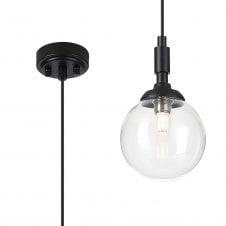 black single pendant with clear round clear glass shade