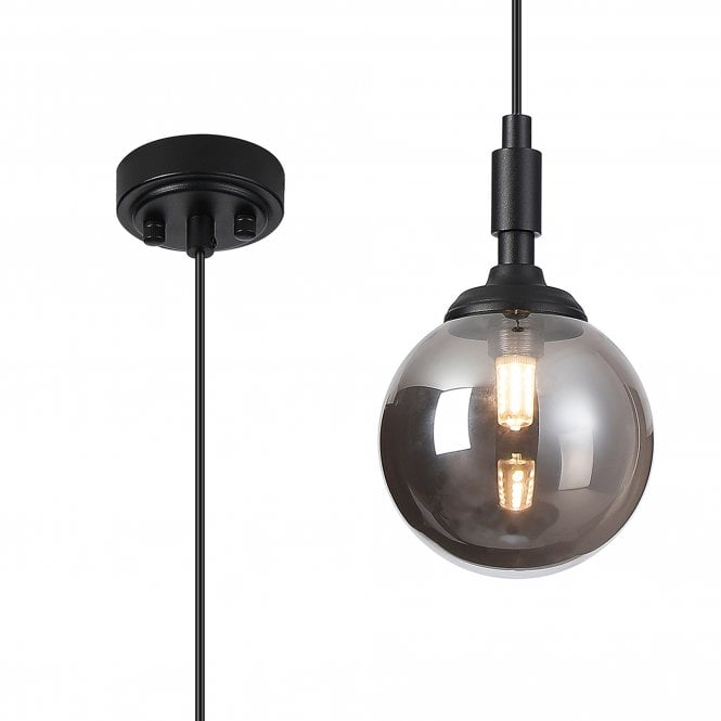 LANGSTON IP44 Single Pendant in Satin Black with with LING9 Smooth Round Smoked Glass Shade