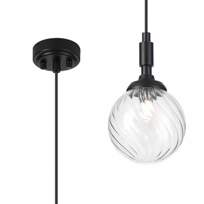 LANGSTON IP44 Single Pendant in Satin Black with with LING9 Swirl Round Clear Glass Shade