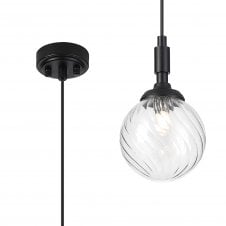 black single pendant with clear round swirl glass shade