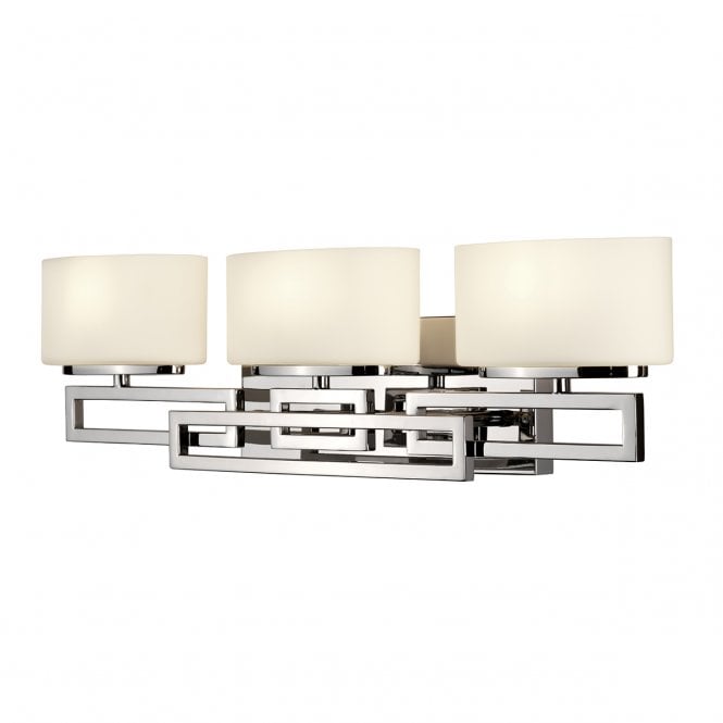 LANZA contemporary geometric polished chrome bathroom over mirror light with opal glass shades