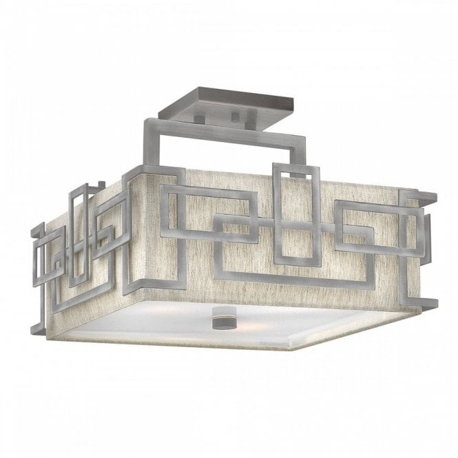 LANZA geometric semi flush ceiling light in antique nickel with linen shade
