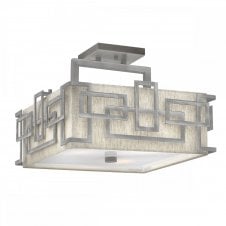 LANZA geometric semi flush ceiling light in antique nickel with linen shade
