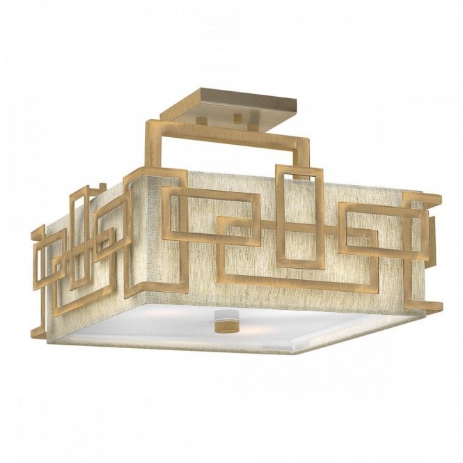 LANZA geometric semi flush ceiling light in brushed bronze with linen shade
