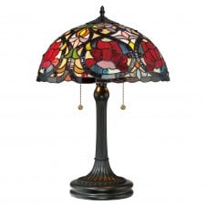 Tiffany table lamp with bronze base and red rose glass shade