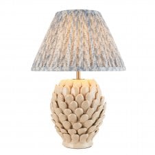 ivory ceramic table lamp with pale blue leaf pattern shade