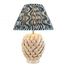 ivory ceramic table lamp with blue ripple pattern shade