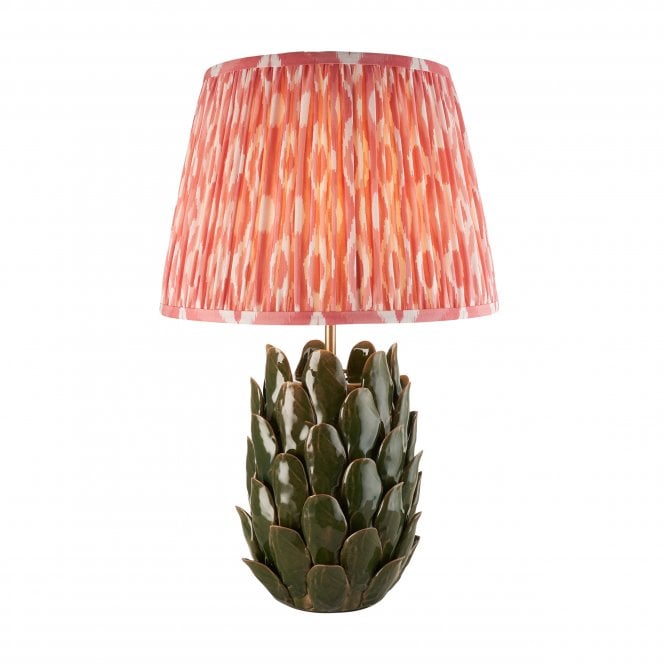 Layered Leaf Dark Olive Table Lamp with Ikat Shade in Coral Pink