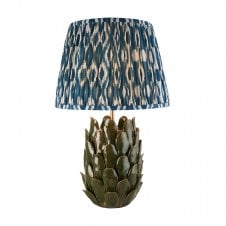 dark green ceramic table lamp with blue ikat pattern shade