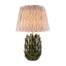 dark green ceramic table lamp with neutral ikat pattern shade