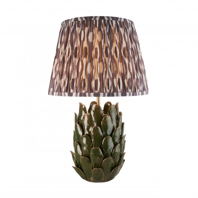 Layered Leaf Dark Olive Table Lamp with Ikat Shade in Pearl Grey