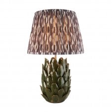 dark green ceramic table lamp with grey ikat pattern shade